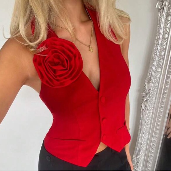 Rebellious Rose Jackets & Blazers - 1pc Autumn 3D Floral Red Women Blazer